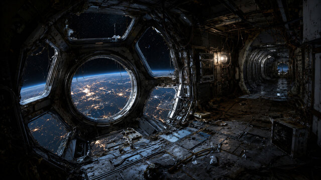 Abandoned space station corridor with large window overlooking Earth, night lights visible