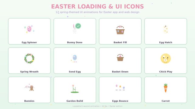Easter loading and UI icon set animation, 12 spring-themed user interface elements with bunny, egg, chick and basket, festive loopable motion graphics
