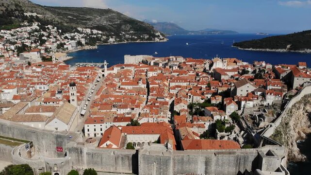 Dubrovnik city landmark, Croatia. Medieval City Walls. Aerial view of Dubrovnik.