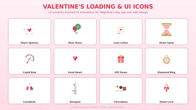 Valentines day loading and UI icon set animation, 12 romantic-themed user interface elements with hearts, roses, lovebirds and chocolates, festive loopable motion graphics
