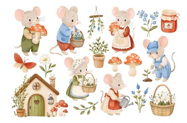 Watercolor cute mice gardening and foraging clipart set, woodland animals in village clothes, cottagecore mice, mushrooms, house and flowers illustrations © Anastasiia 