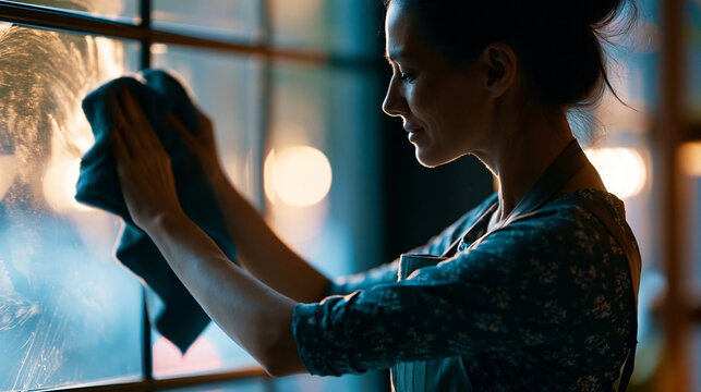 Cinematic side view silhouette of a figure in apron polishing a bright softly defocused window with a soft cloth in soft daylight window polishing gentle wiping faceless