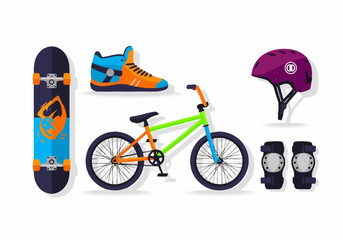 Fototapeta premium Collection of extreme sports gear including a skateboard, BMX bike, helmet, and protective pads.