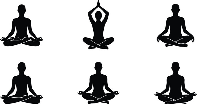 Yoga Meditation Silhouette Collection with Female Lotus Poses, Mindfulness Exercise, Wellness Practice, and Spiritual Fitness Vector Illustrations