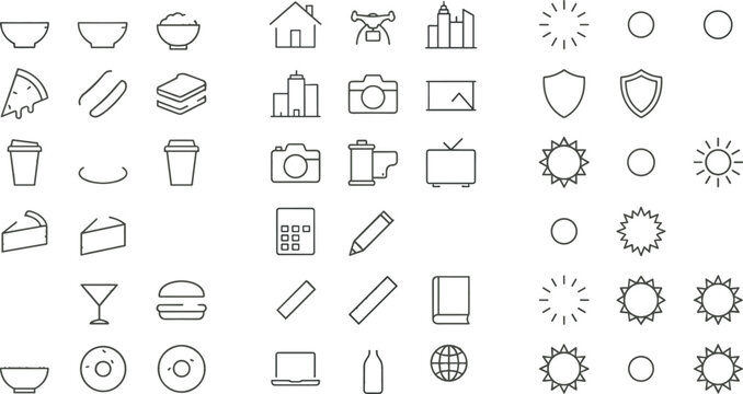 Food, Technology, and Everyday Icons Set with Pizza, Burger, Camera, Laptop, Drinks, Buildings, and Sun Symbols in Black and White Outline Style