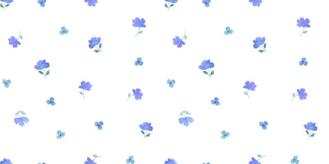 Obraz premium Seamless simple floral watercolour pattern with blue tiny flowers bouquet on white background. Ditsy print for textiles, vintage wallpaper, and fabric design