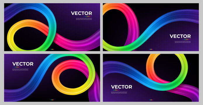 Dynamic gradient vector banners set. Abstract backgrounds with rainbow gradient ribbons. 3d vibrant color gradient lines. Spiral strokes for landing web page, branding, cover, ads.