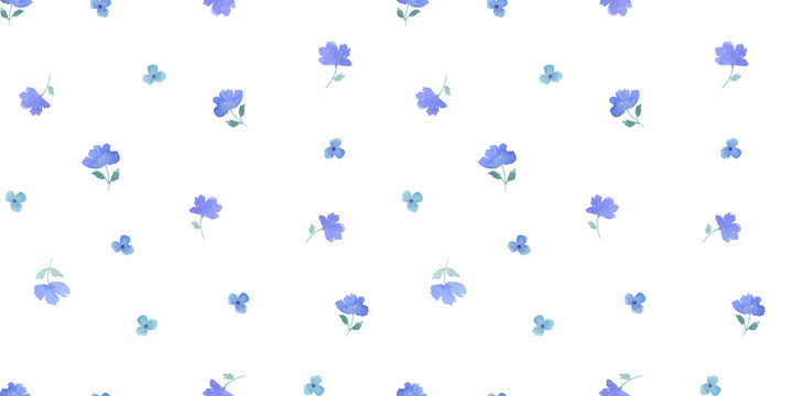 Seamless simple floral watercolour pattern with blue tiny flowers bouquet on white background. Ditsy print for textiles, vintage wallpaper, and fabric design