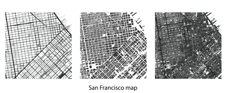 San Francisco city map vector, detailed urban street grid illustration, monochrome downtown road network, black and white building layout, modern cartography design template for print