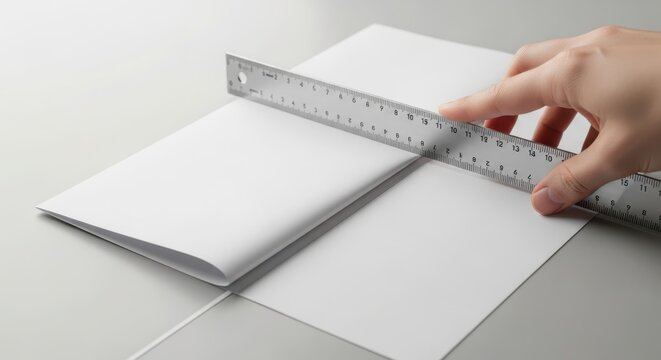 hand measuring paper with ruler on white sheet for design and printing process