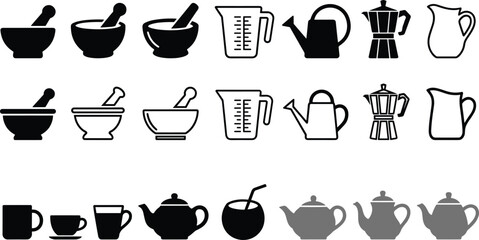Kitchen Utensil and Drinkware Icon Set Featuring Mortar Bowl, Teapot, Coffee Cup, Measuring Jug, Watering Can, and Pot Symbols © Priyanka