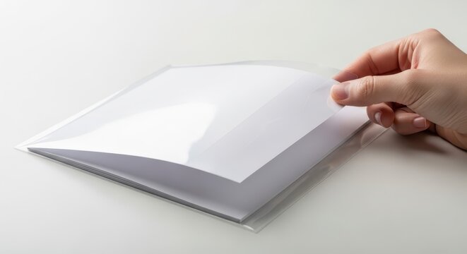 hand handling paper in clear protective sleeve on white surface
