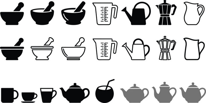 Kitchen Utensil and Drinkware Icon Set Featuring Mortar Bowl, Teapot, Coffee Cup, Measuring Jug, Watering Can, and Pot Symbols