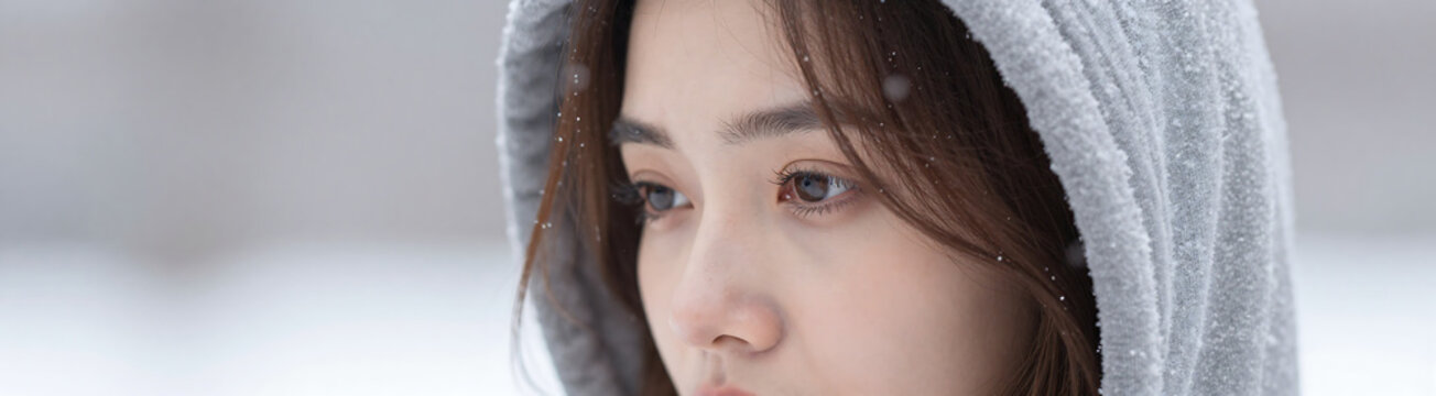 image captures introspective face woman wearing hoodie surrounded gentle falling snowflakes soft