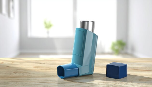 Medical respiratory inhaler resting on a natural light oak wooden surface in a bright room. A high quality studio shot of a daily asthma relief device, ideal for health and wellness concepts.