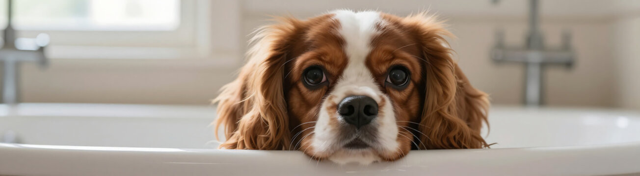cavalier king charles spaniel face peering behind edge porcelain bathtub soft warm light spilling