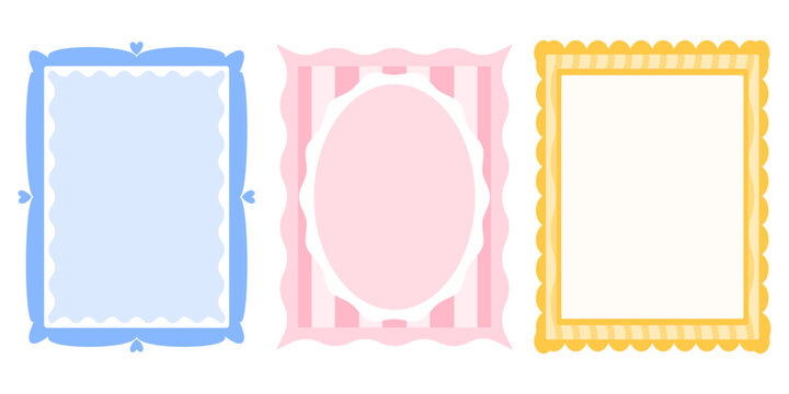 Border kawaii template and frame vector set with cute trendy lace. Valentine style children and girly doodle sticker with ribbon funky birthday. Greeting border holiday and circle frame y2k