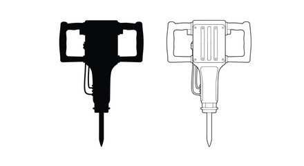 Fototapeta premium Jackhammer silhouette and line drawing on white background