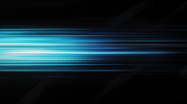 Blue horizontal speed lines with glowing futuristic motion blur and digital light streaks on black background. Abstract technology acceleration backdrop.