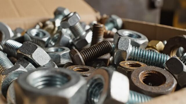 Close-up shot of galvanized nuts, bolts, and washers in a cardboard box, workshop hardware