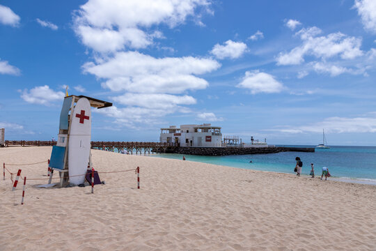The famous Bikini Beach on Sal Island with the unique wooden pier, the shallow turquoise waters and the golden sand beach, making this a idllyic beach destination to relax and feel the "no stress" att