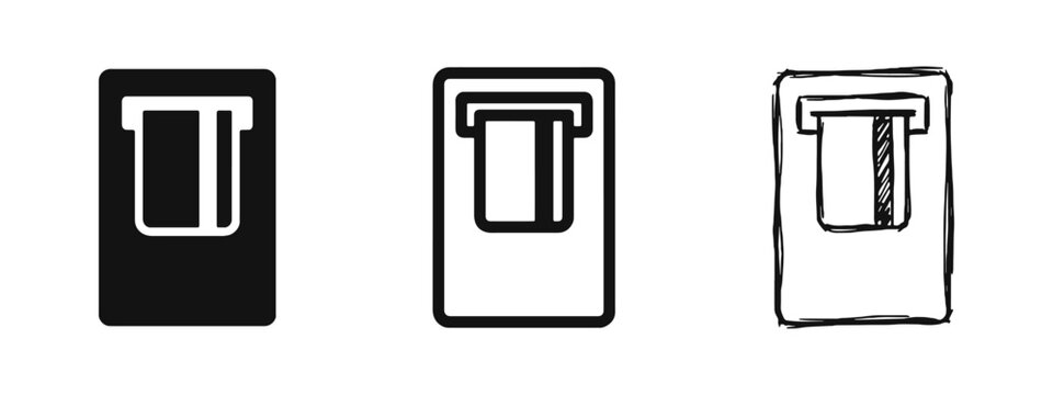 ATM Payment Terminal Card Insertion Icons - Solid, Outline, and Hand-drawn Style Set