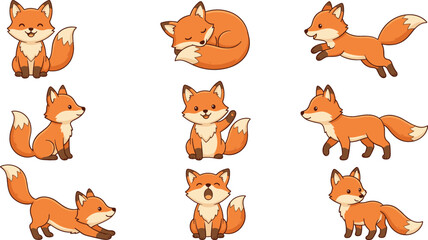 Fototapeta premium Cute Cartoon Fox Character Collection Set with Different Poses and Expressions for Children Illustration, Wildlife Mascot Vector Bundle Design