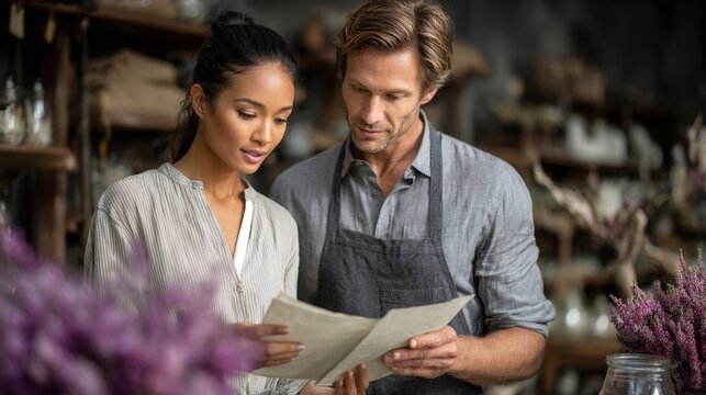 Creative Business Partners Reviewing Plans in Flower Shop. Generative AI