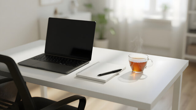 Modern minimalist home office desk with laptop and hot cup of tea
