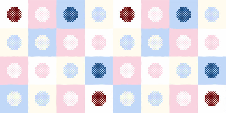 Pastel checkerboard pattern with cross stitch embroidered circle motifs