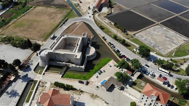 Croatia drone view. Ston town fortress and saltworks.