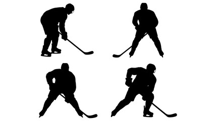 Naklejka premium Four silhouette hockey players posing with sticks equipment recreation competition silhouette training