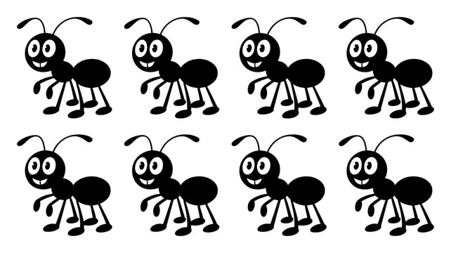Group of eight cartoon ants with character creature wildlife illustration antennae microscopic