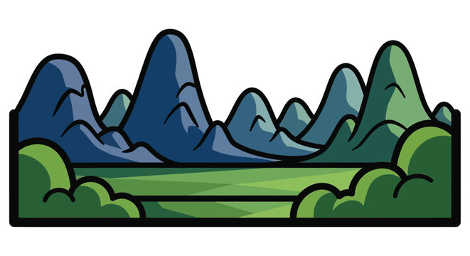 Cartoon mountains and green landscape scene.