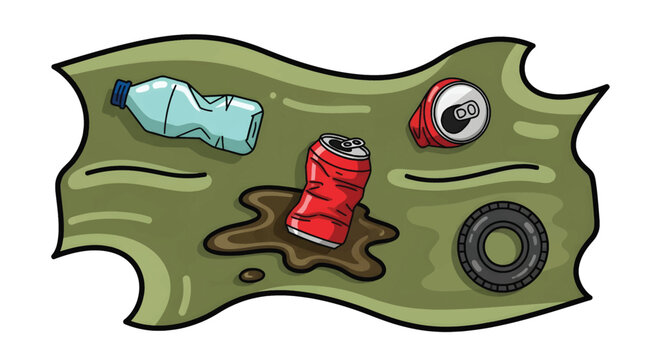 Cartoon trash on green slime background.
