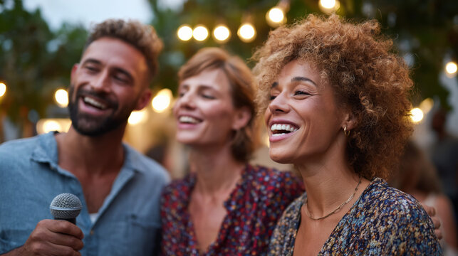 Young adults singing together at outdoor evening party