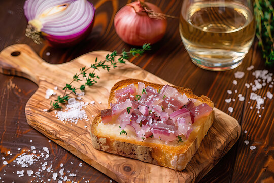 Gourmet Whipped Pork Lard Spread on Toasted Bread with Red Onion and Traditional Palinka