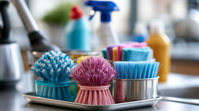 Macro close up of softly defocused cleaning equipment including extractor brushes and detergents arranged neatly against a bright clean pastel backdrop dry washing service