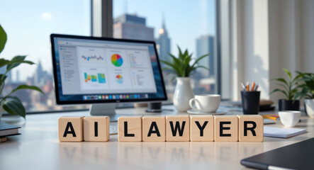 Fototapeta premium AI lawyer solution for legal research and contract review helps law firm automate case preparation, compliance work and access to affordable legal support for dispute resolution and small business law