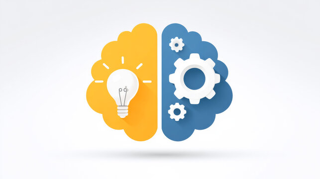 Creative innovation and analytical thinking concept with light bulb and gear icons