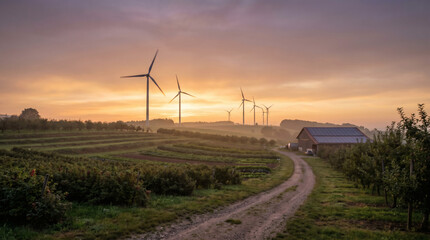 Obraz premium Sustainable farm with wind turbines and solar panels at golden hour