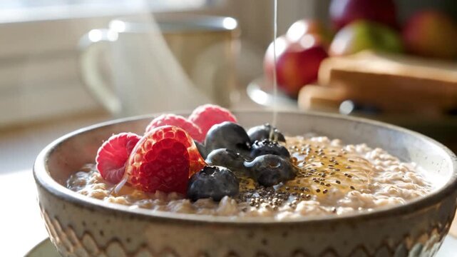 Morning oatmeal bowl with fresh raspberries and blueberries, topped with honey in a warm sunny kitchen