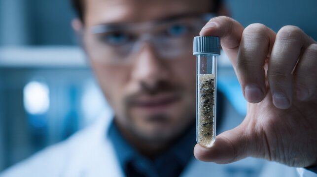 Scientist holding sample vial containing cannabis for analysis closeup of focused researcher in lab coat and safety glasses, blurred laboratory background, precise measurement intent, sterile