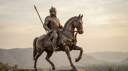 Bronze statue of maharana pratap holding a spear on horseback against a hazy mountainous landscape © Divine Frame