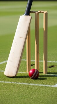 Wooden sports equipment rests on brightly lit green field with painted boundary lines