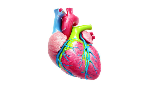 Detailed anatomical model of human heart with vivid colors on white background