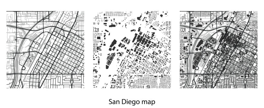 Vector Map of San Diego California, Abstract City Plan with Downtown Streets and Building Footprints, Urban Infrastructure Layout in Minimalist Black and White Style for Architectural Design and Web