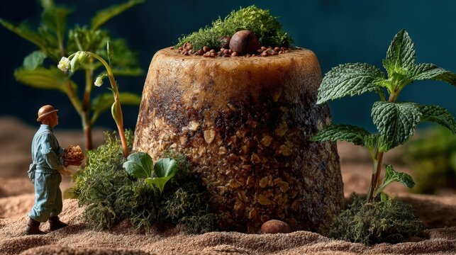 Miniature Gardener Harvesting Oat Dessert Landscape with Mint and Moss. Generative AI