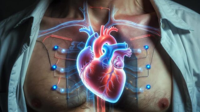 Human chest with glowing anatomical heart and tech elements in realistic style on dark background, concept of medical innovation