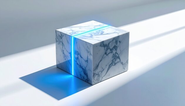 Minimalist marble cube with a single glowing blue laser line bisecting the stone surface, cinematic wide angle shot for futuristic design concepts and architectural digital art presentations.